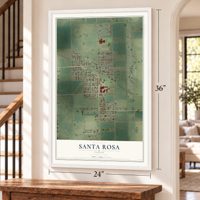 Santa Rosa, Texas map, 24 x 36 inch print in a white frame by a staircase