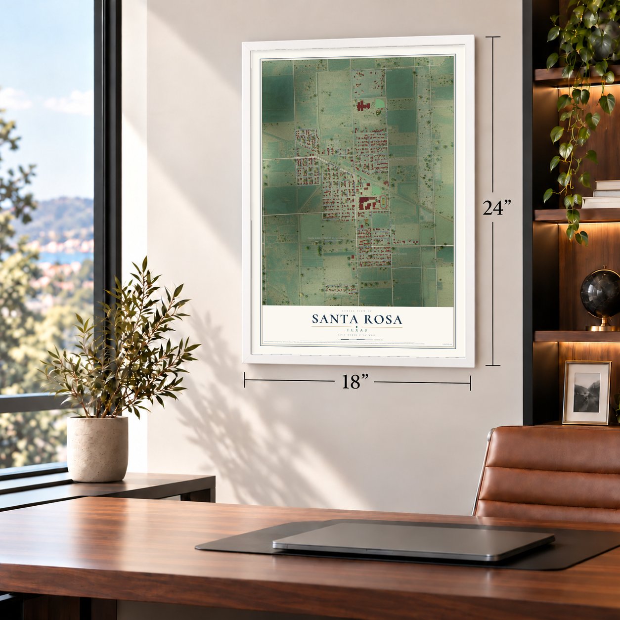 Santa Rosa, Texas map, 18 x 24 inch print in a white frame in a home office