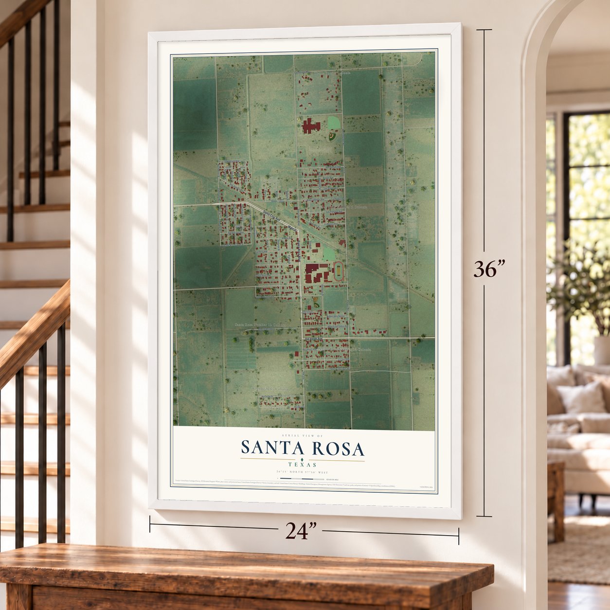 Santa Rosa, Texas map, 24 x 36 inch print in a white frame by a staircase