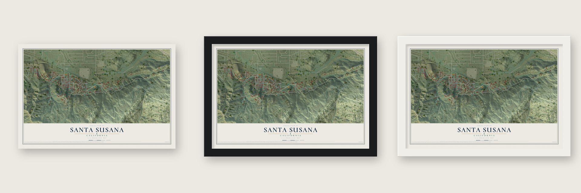 Santa Susana, California map unframed, in a black wood frame and in a white wood frame