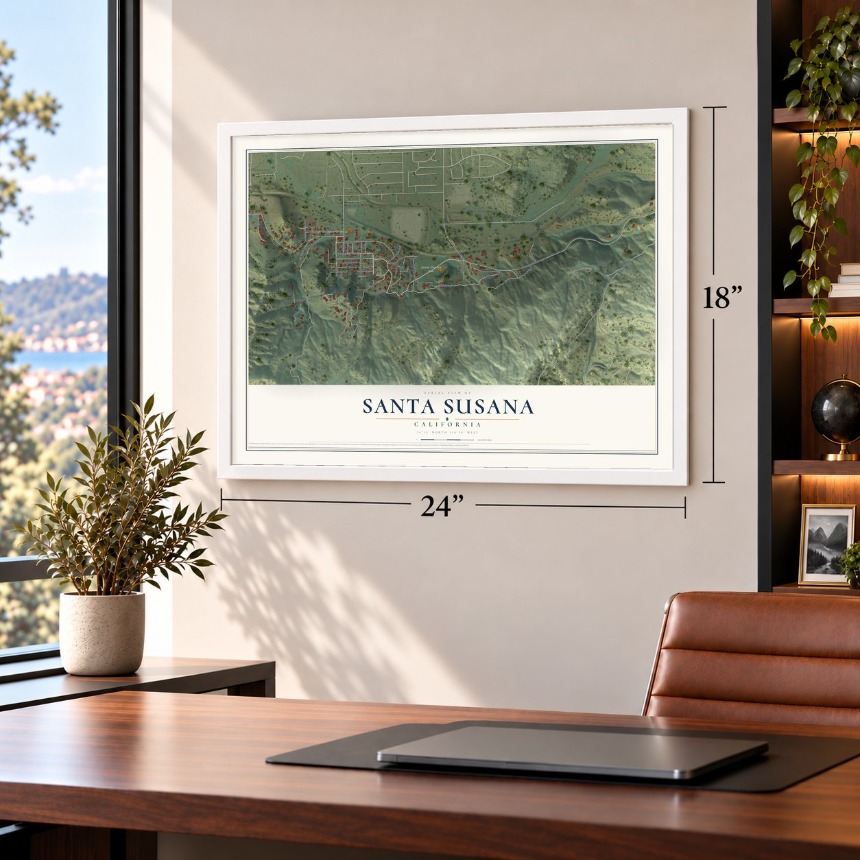 Santa Susana, California map, 18 x 24 inch print in a white frame in a home office
