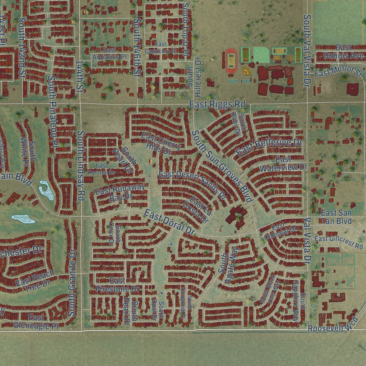 Second close-up of the map of Santan, Arizona print showing more streets and buildings
