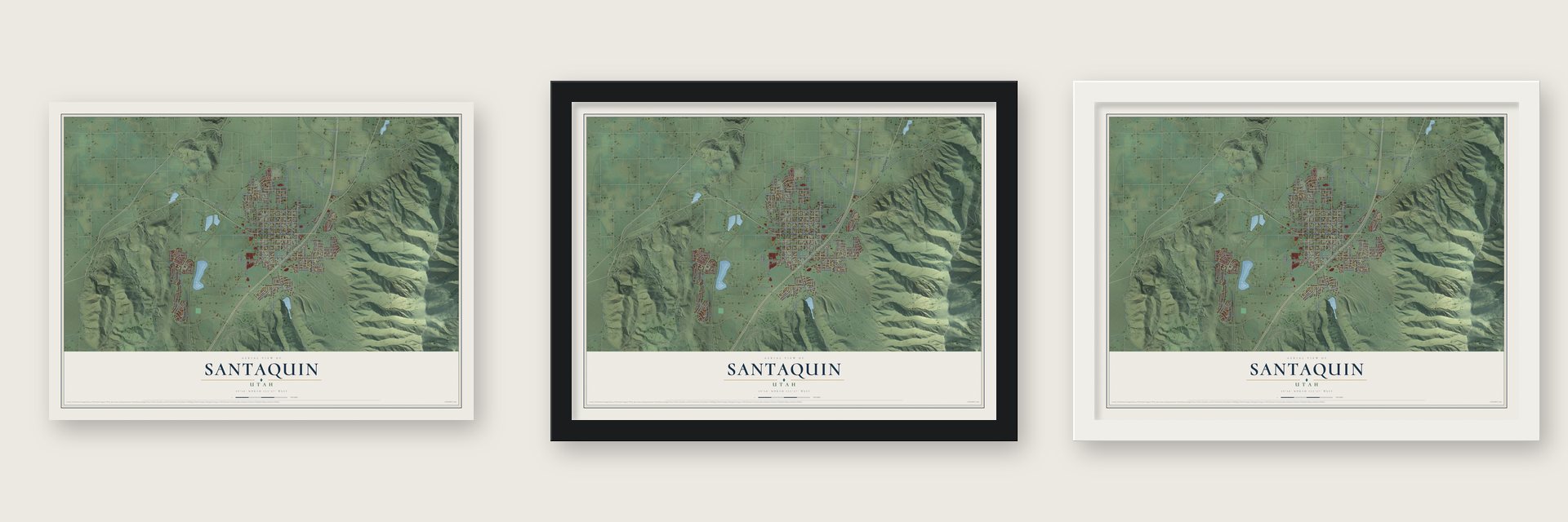 Santaquin, Utah map unframed, in a black wood frame and in a white wood frame