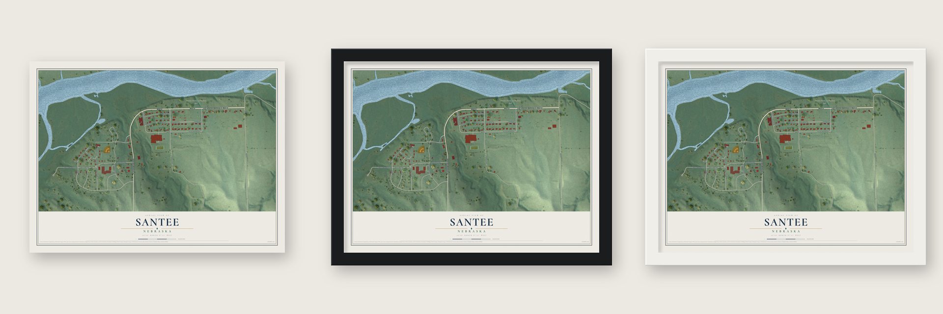 Santee, Nebraska map unframed, in a black wood frame and in a white wood frame