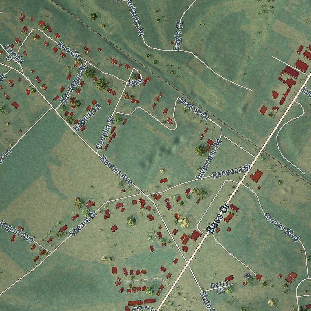 Second close-up of the map of Santee, South Carolina print showing more streets and buildings