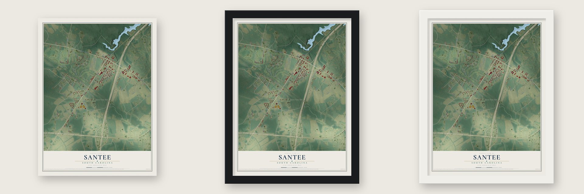 Santee, South Carolina map unframed, in a black wood frame and in a white wood frame
