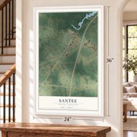 Santee, South Carolina map, 24 x 36 inch print in a white frame by a staircase