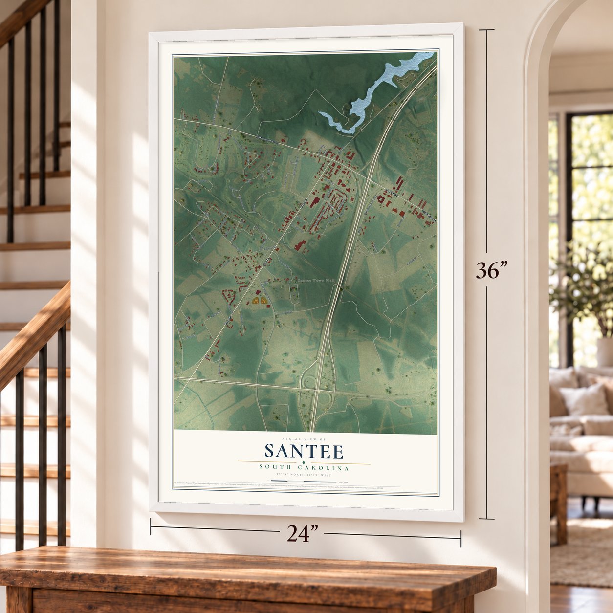 Santee, South Carolina map, 24 x 36 inch print in a white frame by a staircase