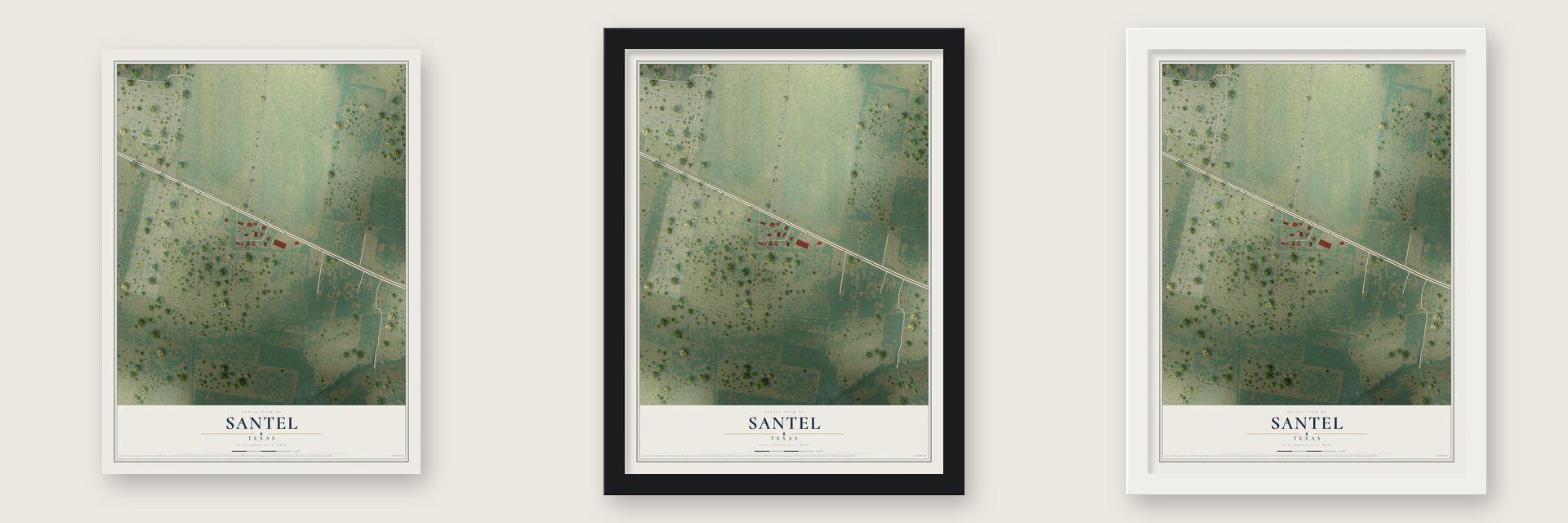 Santel, Texas map unframed, in a black wood frame and in a white wood frame