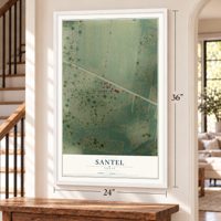 Santel, Texas map, 24 x 36 inch print in a white frame by a staircase
