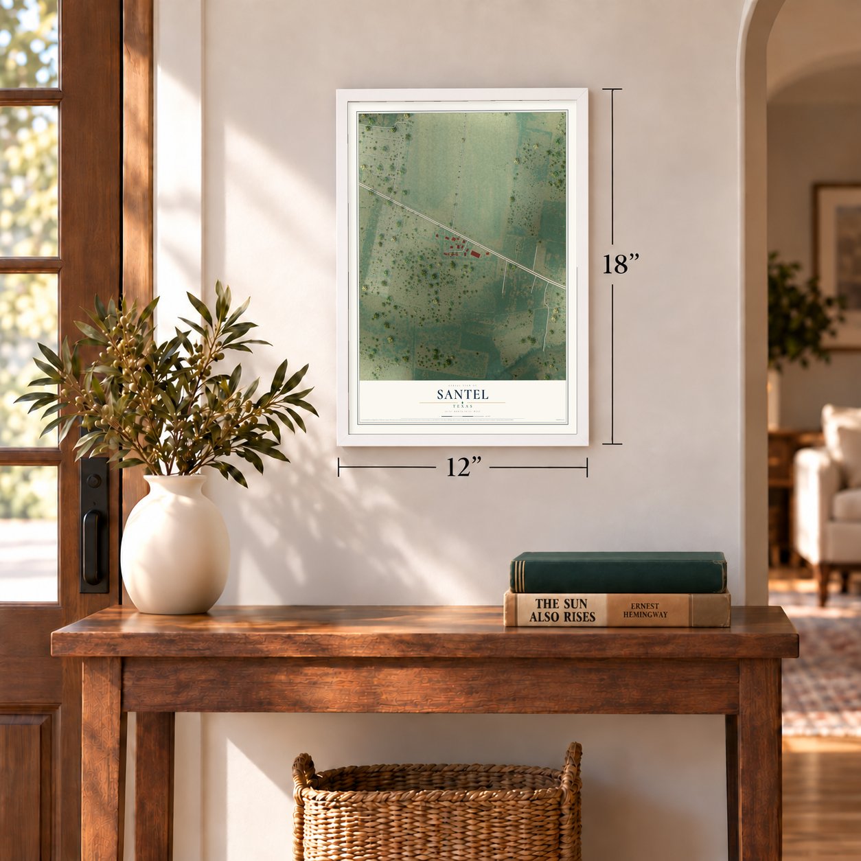 Santel, Texas map, 12 x 18 inch print in a white frame in an entryway