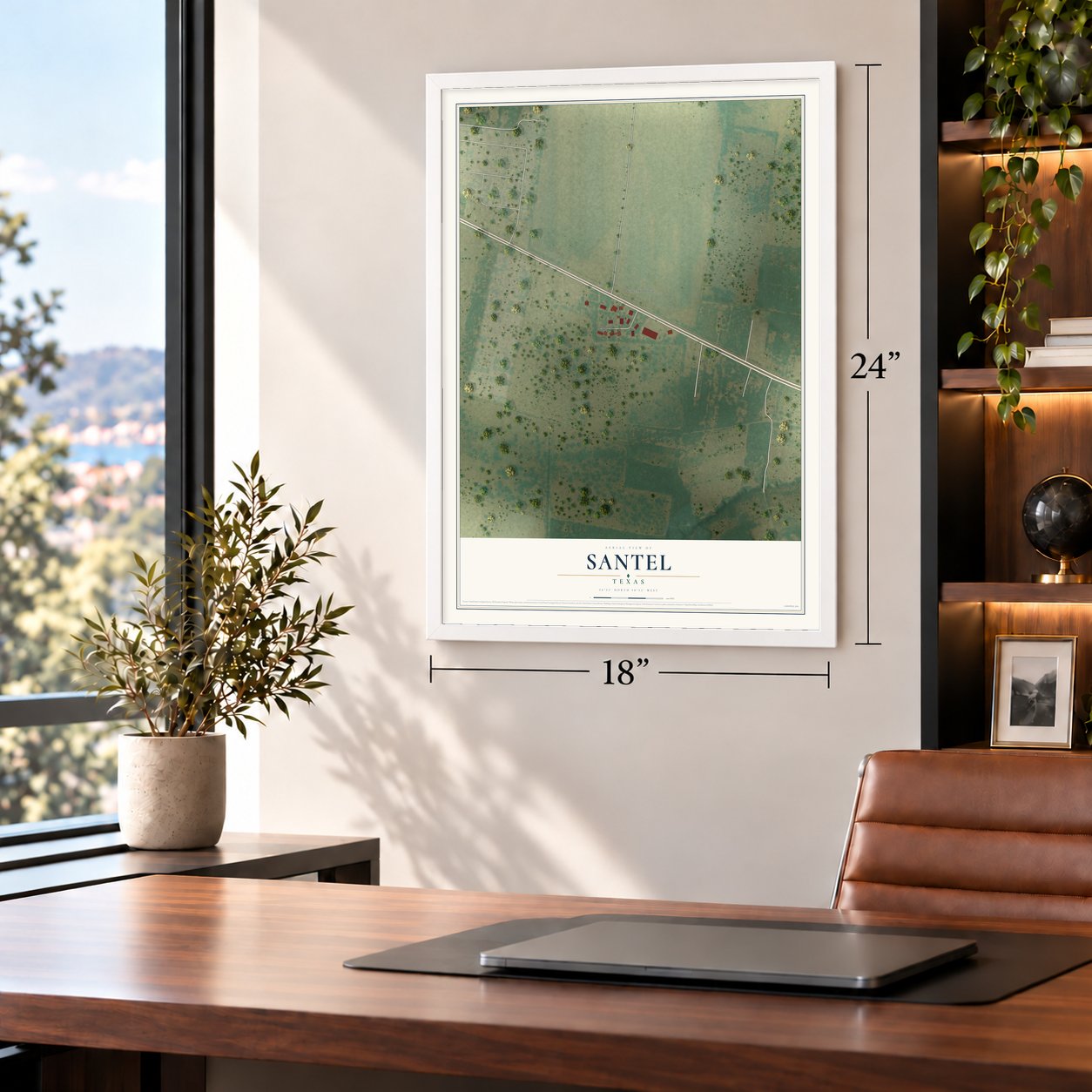 Santel, Texas map, 18 x 24 inch print in a white frame in a home office
