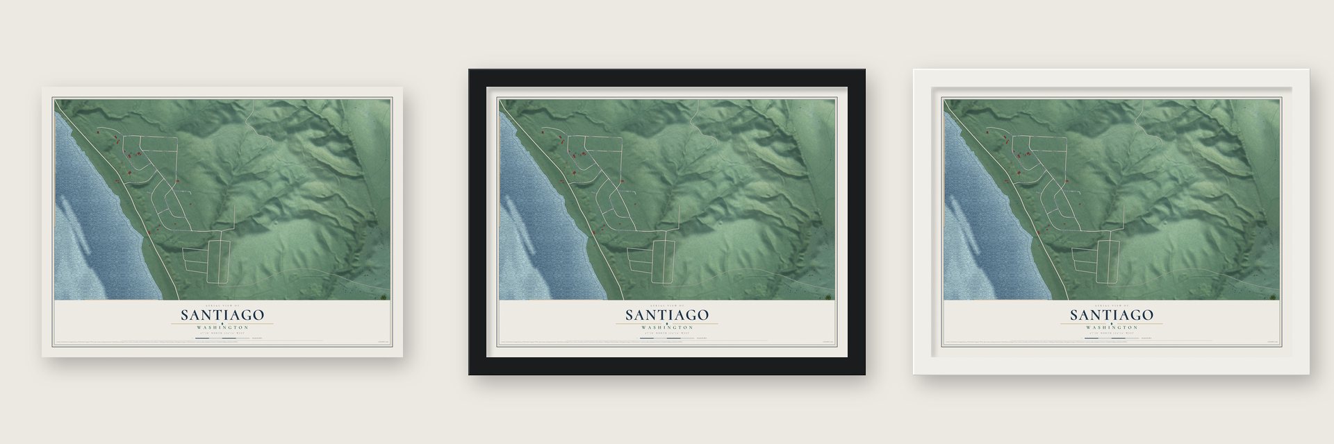 Santiago, Washington map unframed, in a black wood frame and in a white wood frame