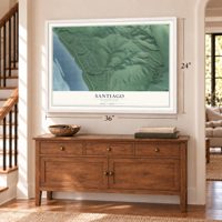 Santiago, Washington map, 24 x 36 inch print in a white frame above a dresser by a staircase
