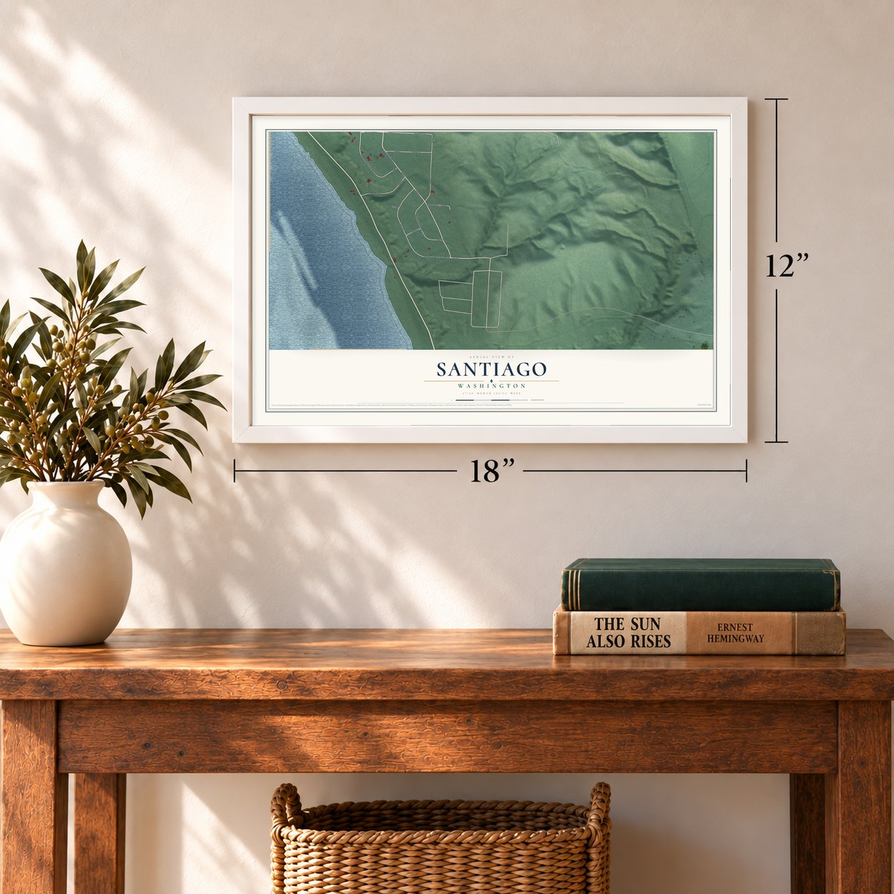 Santiago, Washington map, 12 x 18 inch print in a white frame in an entryway