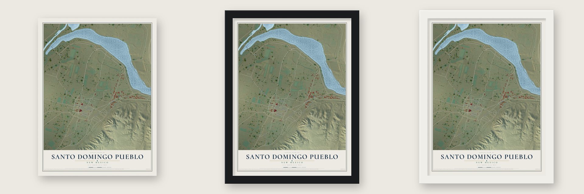 Santo Domingo Pueblo, New Mexico map unframed, in a black wood frame and in a white wood frame