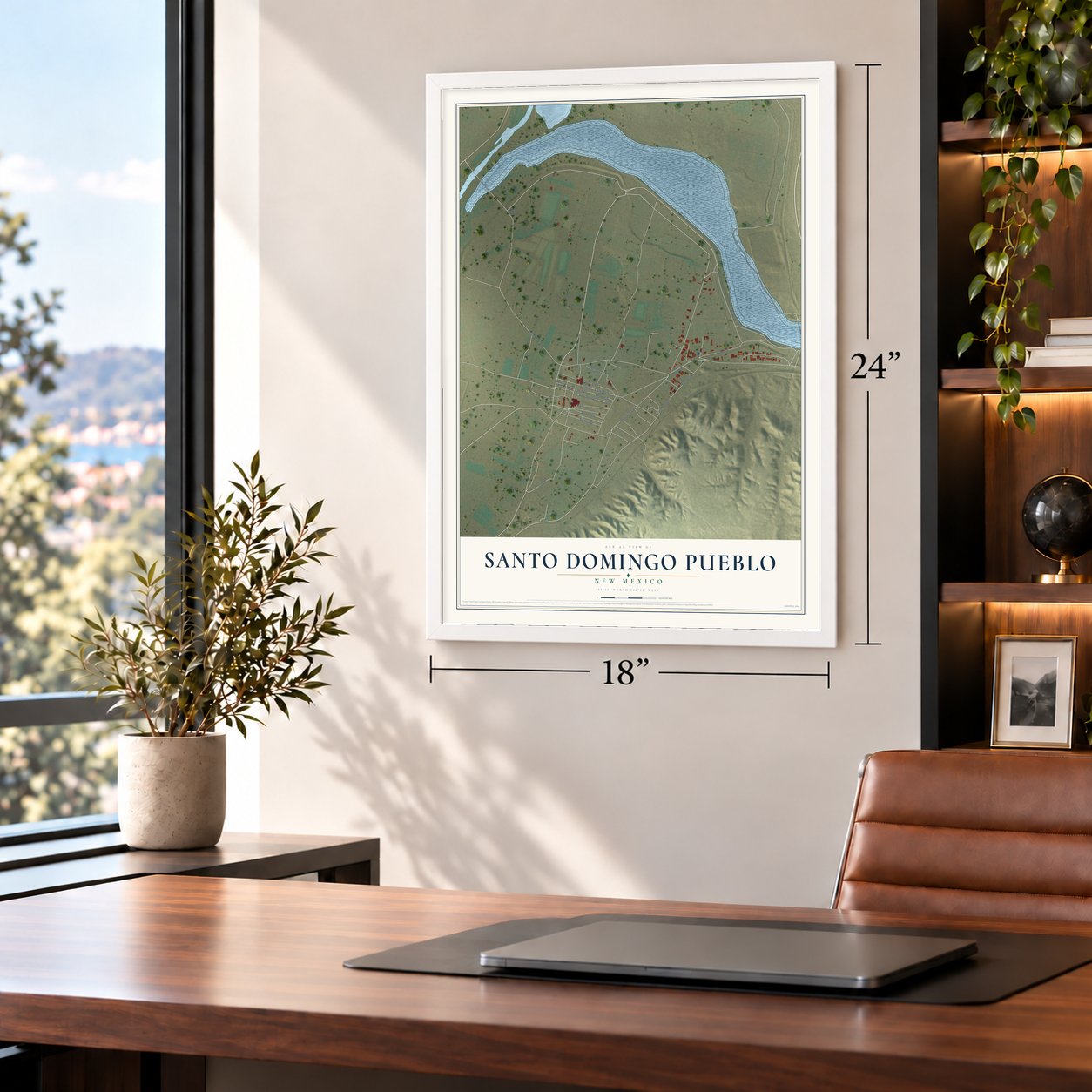 Santo Domingo Pueblo, New Mexico map, 18 x 24 inch print in a white frame in a home office