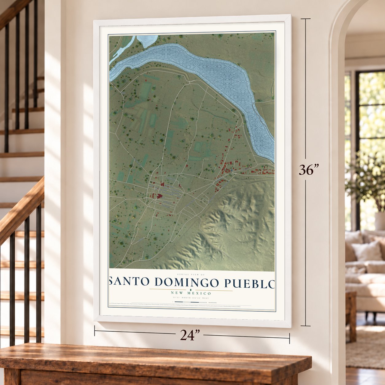Santo Domingo Pueblo, New Mexico map, 24 x 36 inch print in a white frame by a staircase