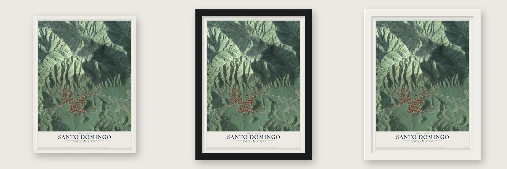 Santo Domingo, Puerto Rico map unframed, in a black wood frame and in a white wood frame