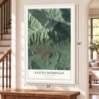 Santo Domingo, Puerto Rico map, 24 x 36 inch print in a white frame by a staircase