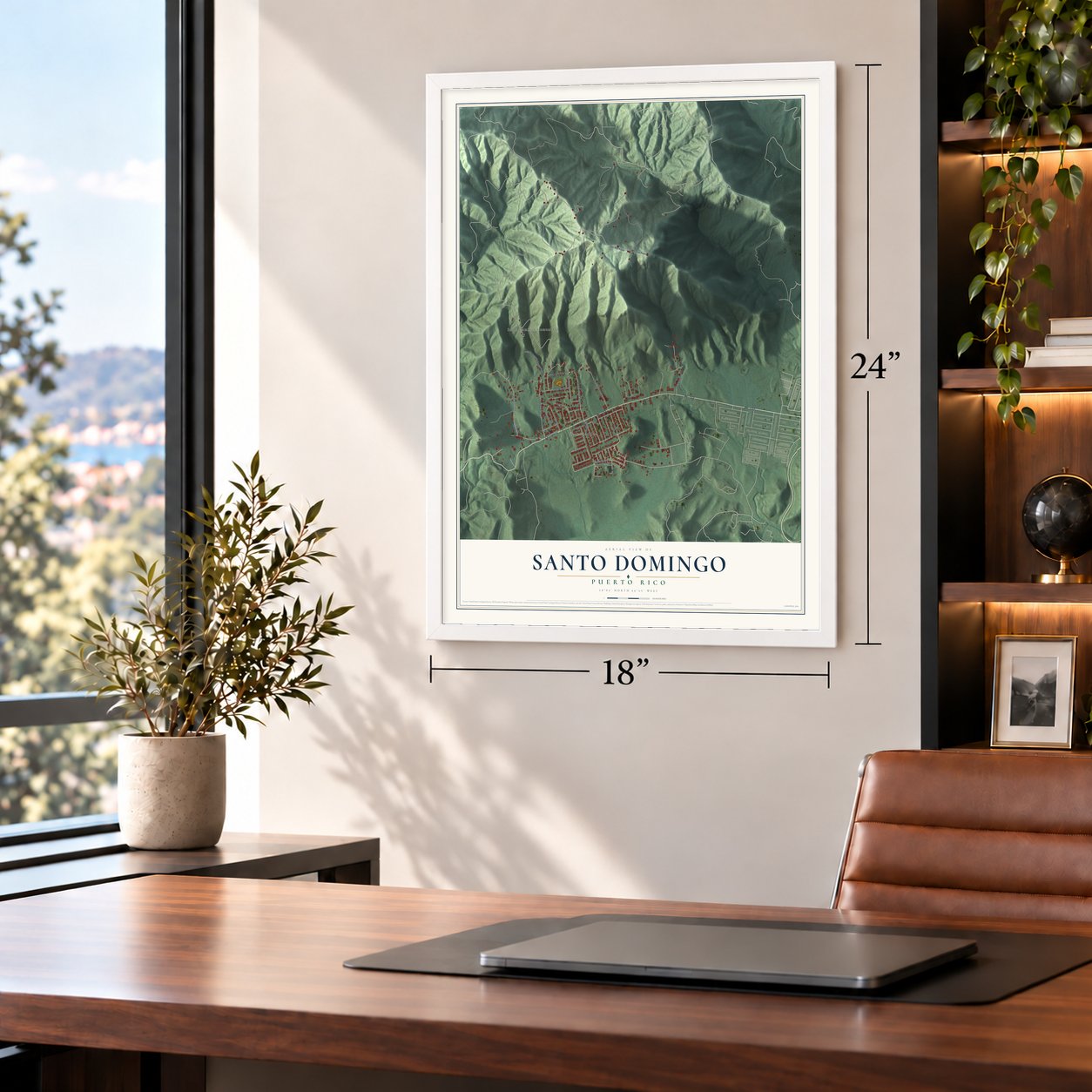 Santo Domingo, Puerto Rico map, 18 x 24 inch print in a white frame in a home office