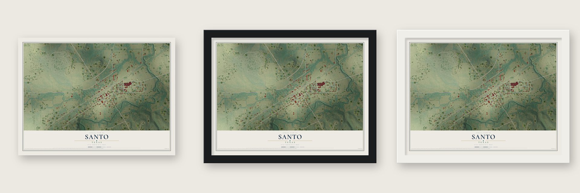 Santo, Texas map unframed, in a black wood frame and in a white wood frame