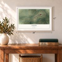 Santo, Texas map, 12 x 18 inch print in a white frame in an entryway