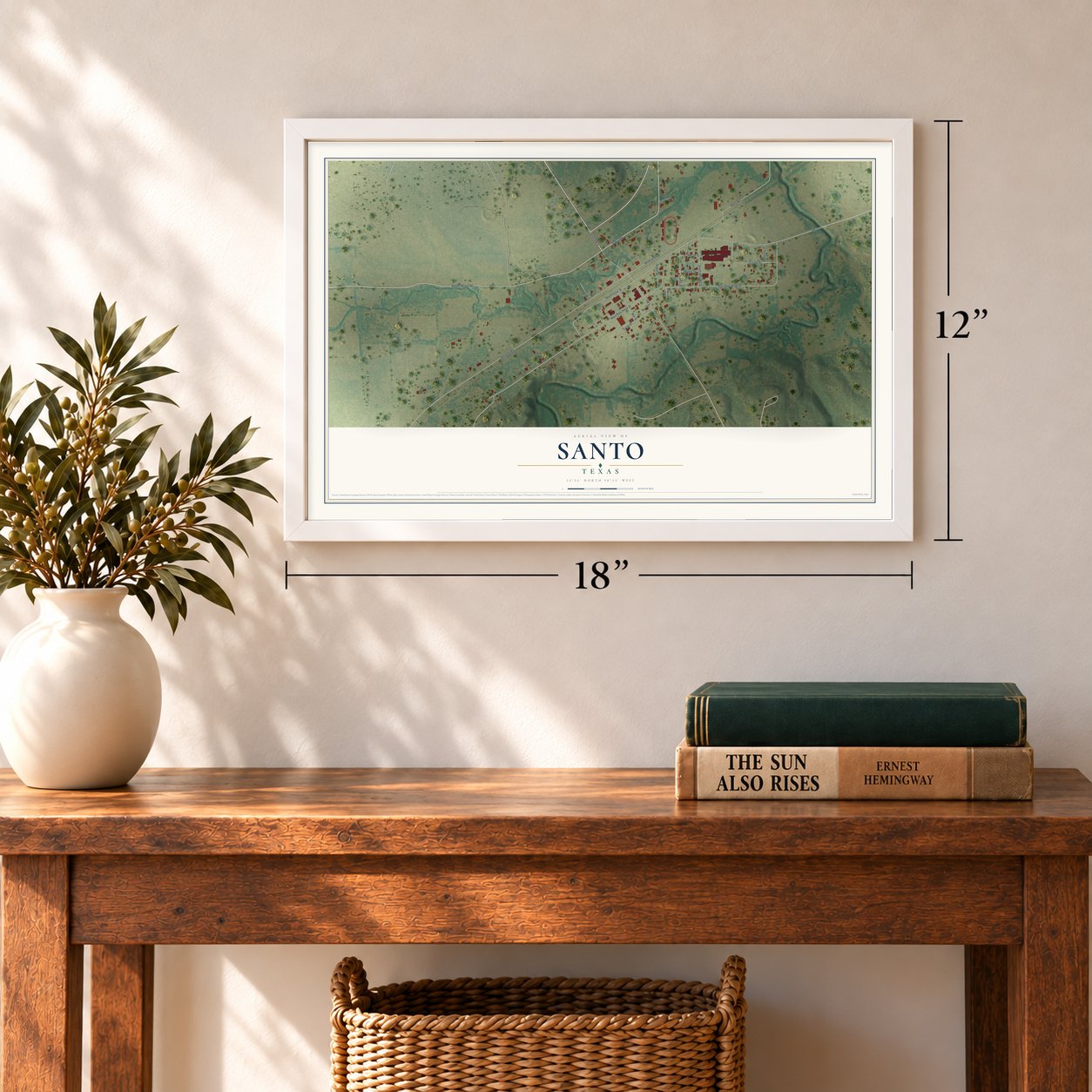 Santo, Texas map, 12 x 18 inch print in a white frame in an entryway