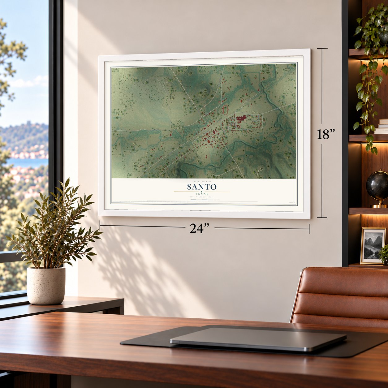 Santo, Texas map, 18 x 24 inch print in a white frame in a home office