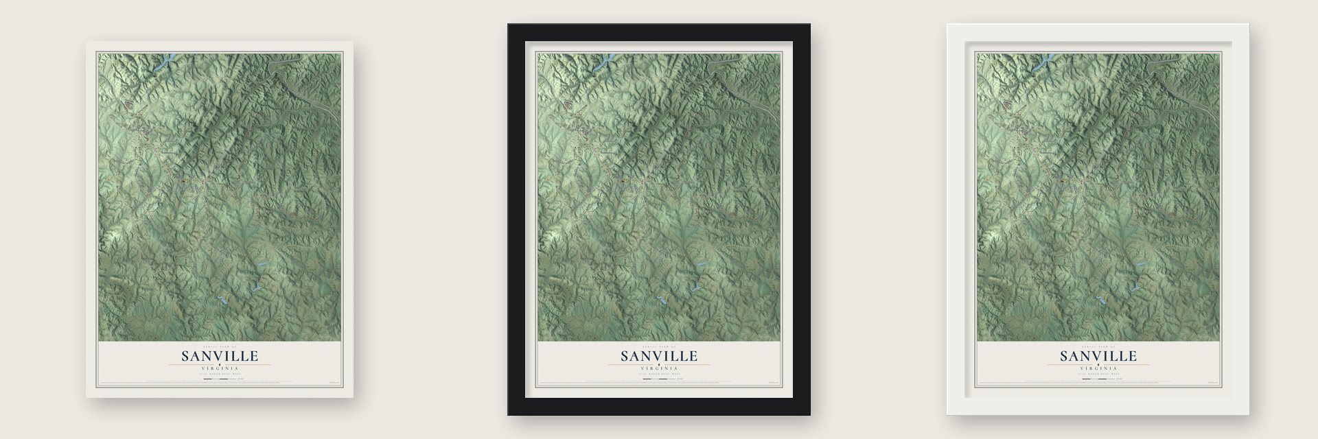 Sanville, Virginia map unframed, in a black wood frame and in a white wood frame