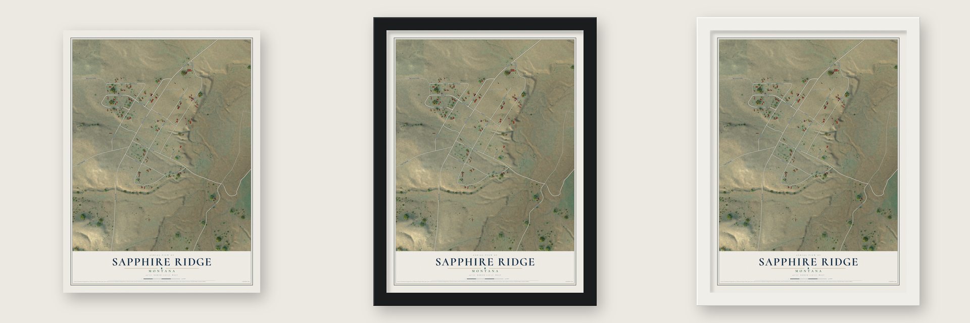 Sapphire Ridge, Montana map unframed, in a black wood frame and in a white wood frame