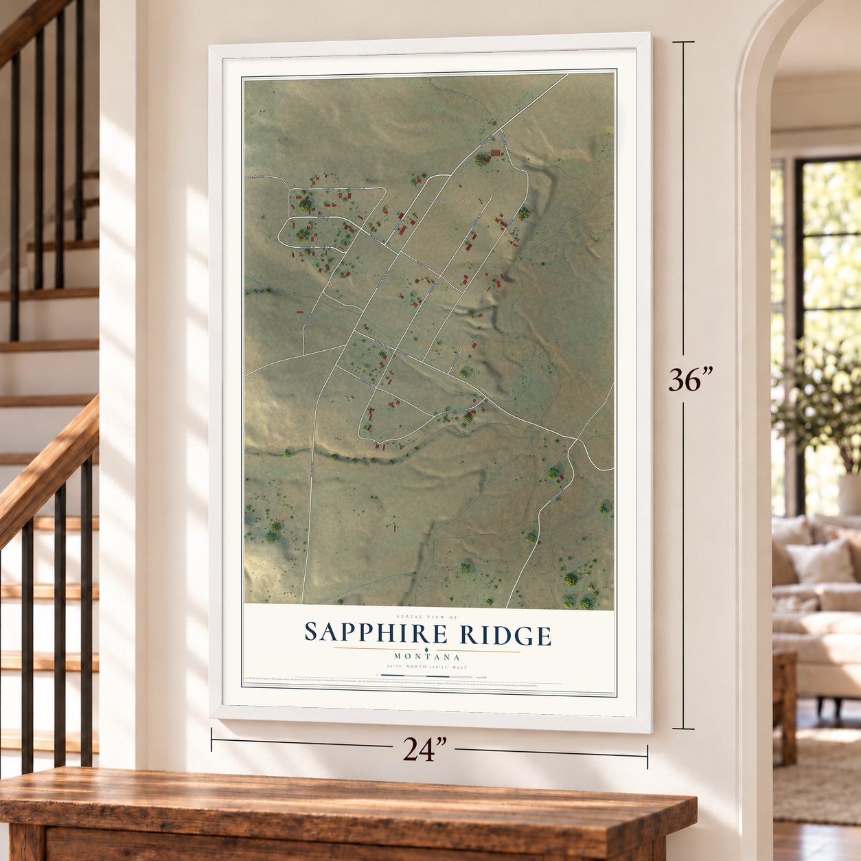 Sapphire Ridge, Montana map, 24 x 36 inch print in a white frame by a staircase