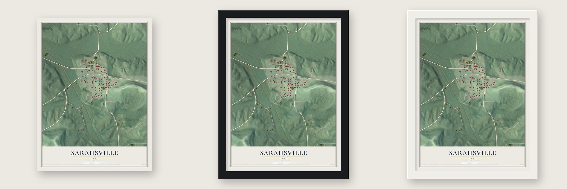 Sarahsville, Ohio map unframed, in a black wood frame and in a white wood frame