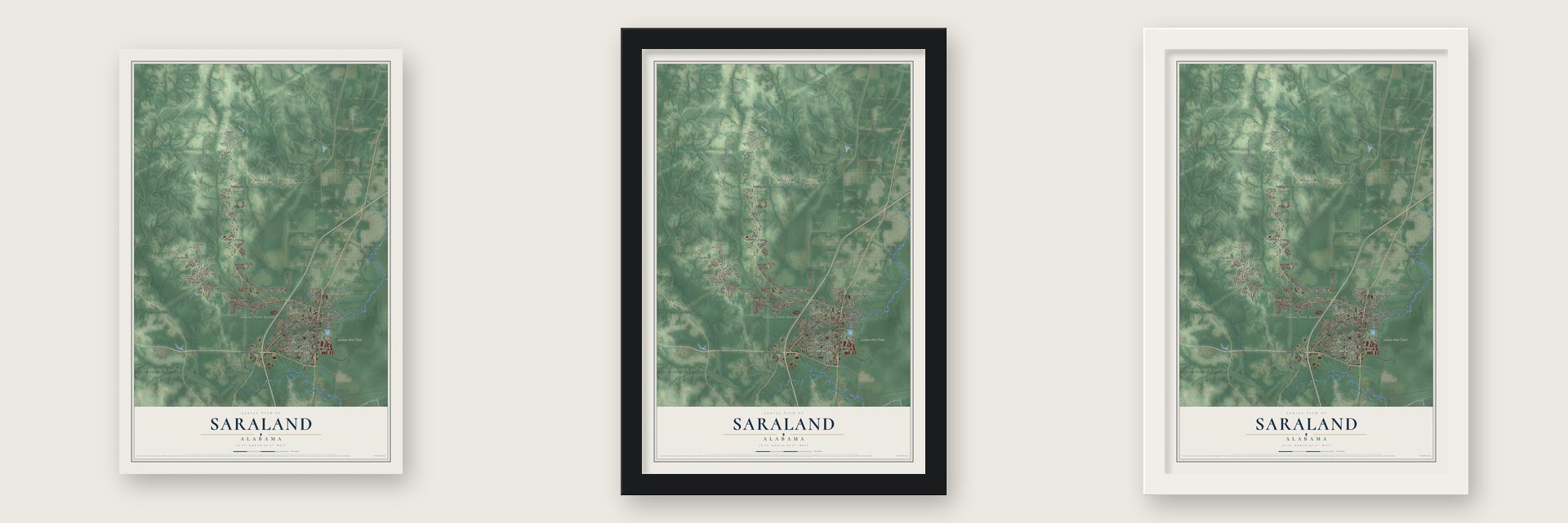 Saraland, Alabama map unframed, in a black wood frame and in a white wood frame