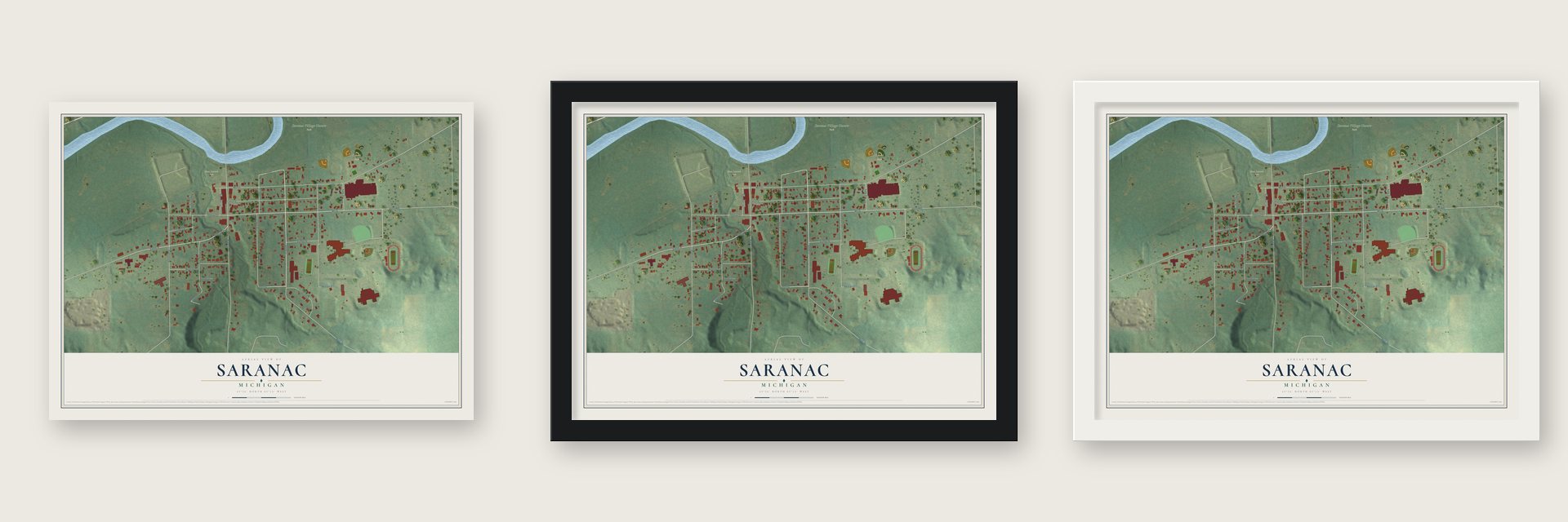 Saranac, Michigan map unframed, in a black wood frame and in a white wood frame