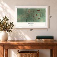 Saranac, Michigan map, 12 x 18 inch print in a white frame in an entryway