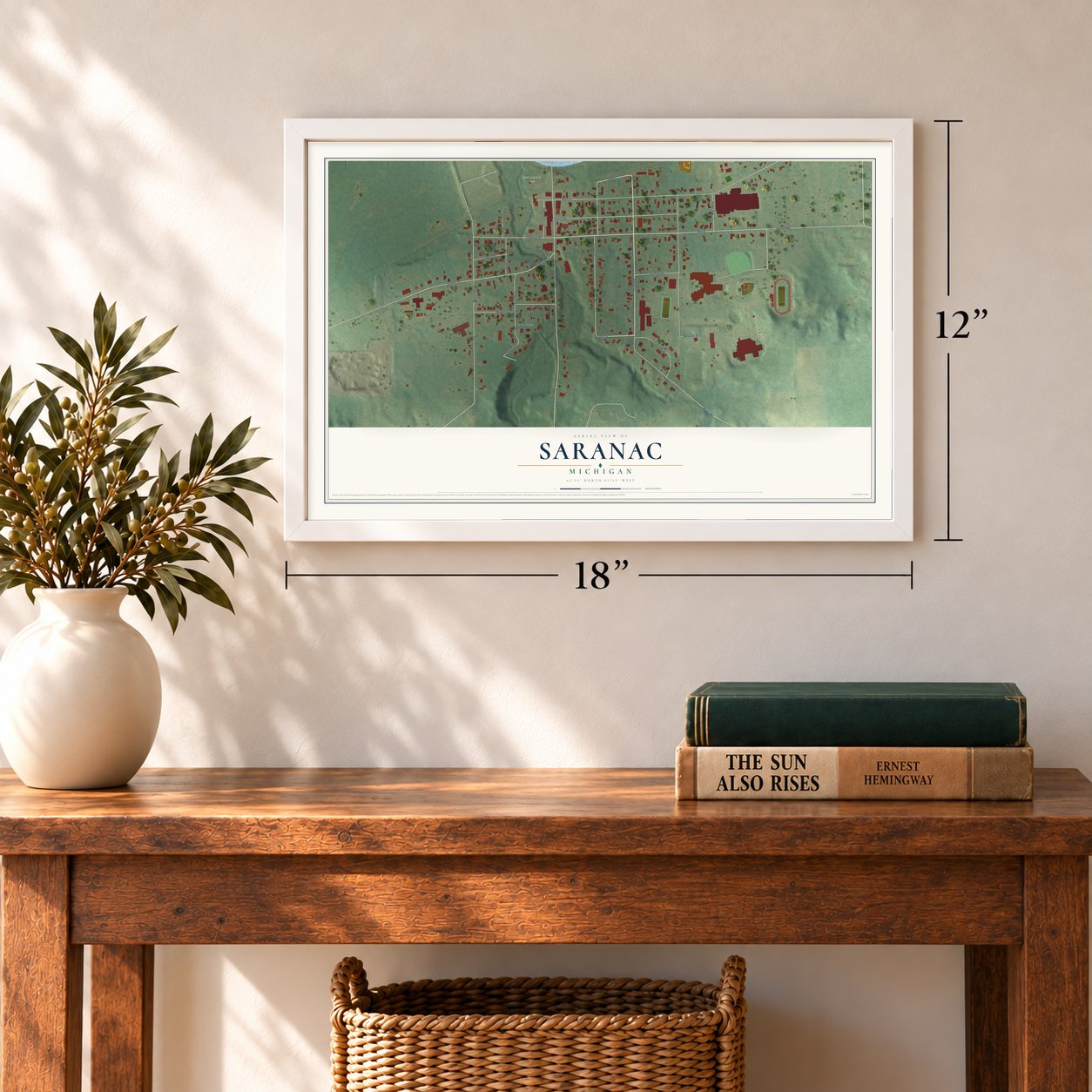 Saranac, Michigan map, 12 x 18 inch print in a white frame in an entryway