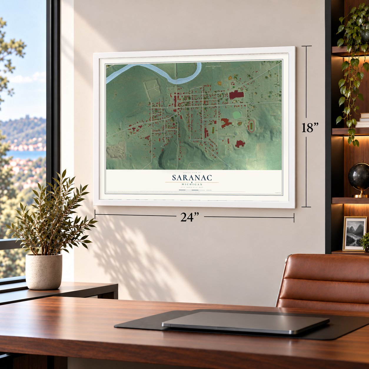 Saranac, Michigan map, 18 x 24 inch print in a white frame in a home office