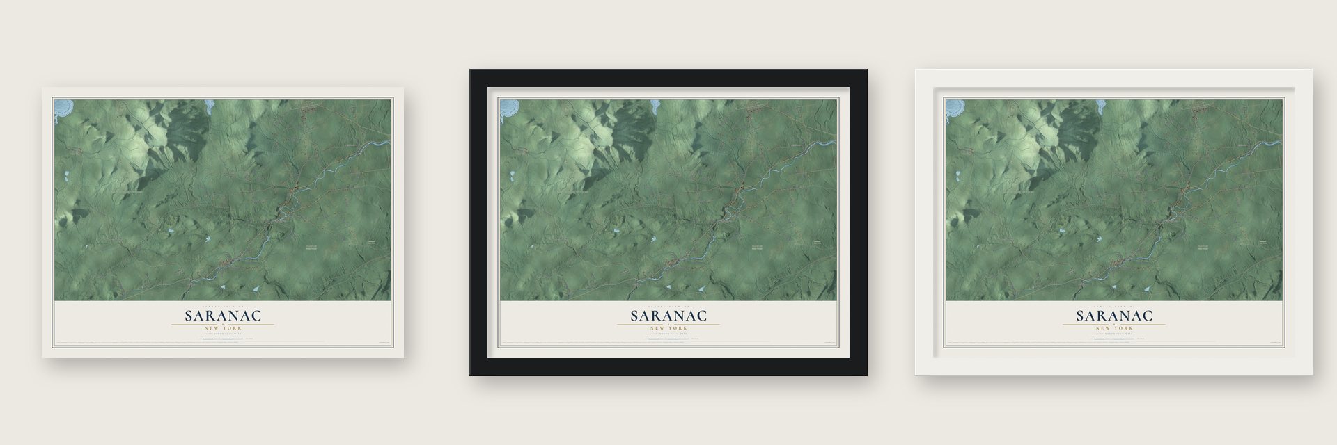 Saranac, New York map unframed, in a black wood frame and in a white wood frame