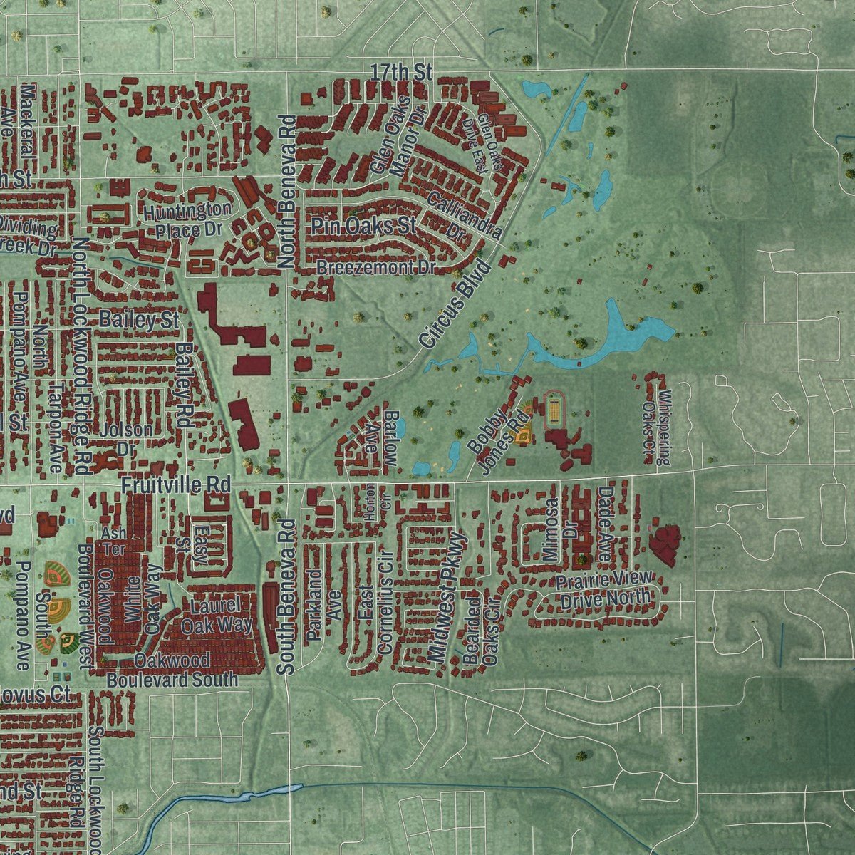 Second close-up of the map of Sarasota, Florida print showing more streets and buildings