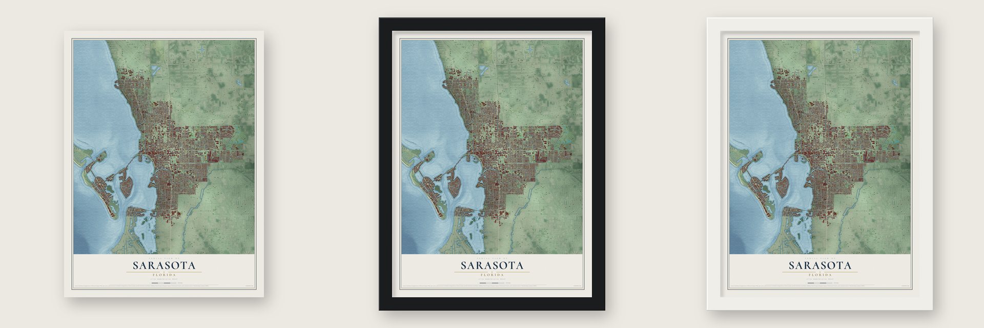 Sarasota, Florida map unframed, in a black wood frame and in a white wood frame