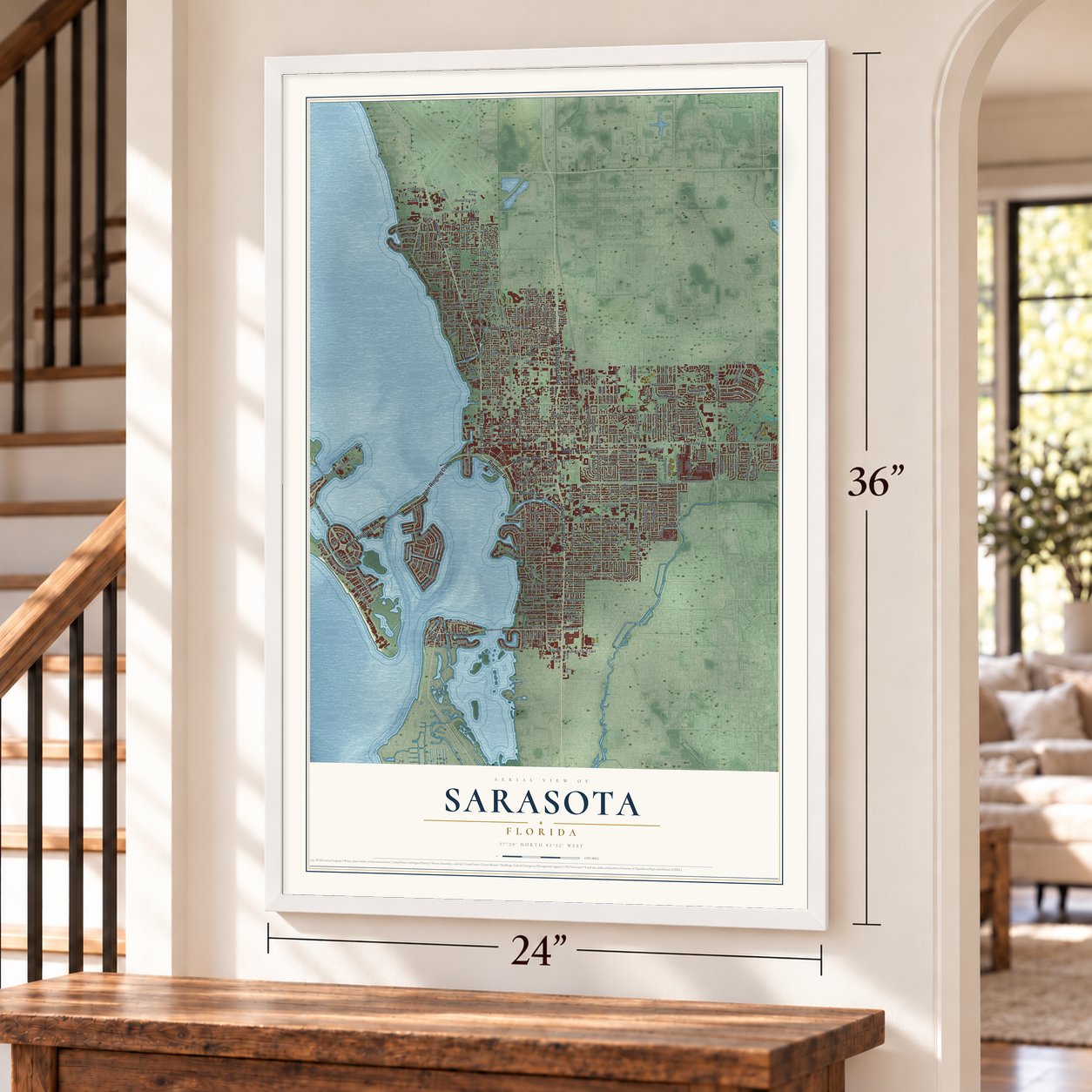 Sarasota, Florida map, 24 x 36 inch print in a white frame by a staircase