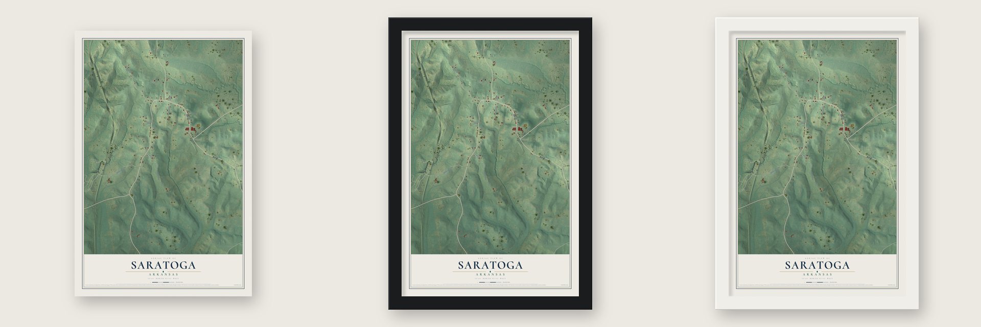 Saratoga, Arkansas map unframed, in a black wood frame and in a white wood frame