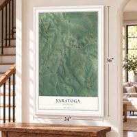 Saratoga, Arkansas map, 24 x 36 inch print in a white frame by a staircase