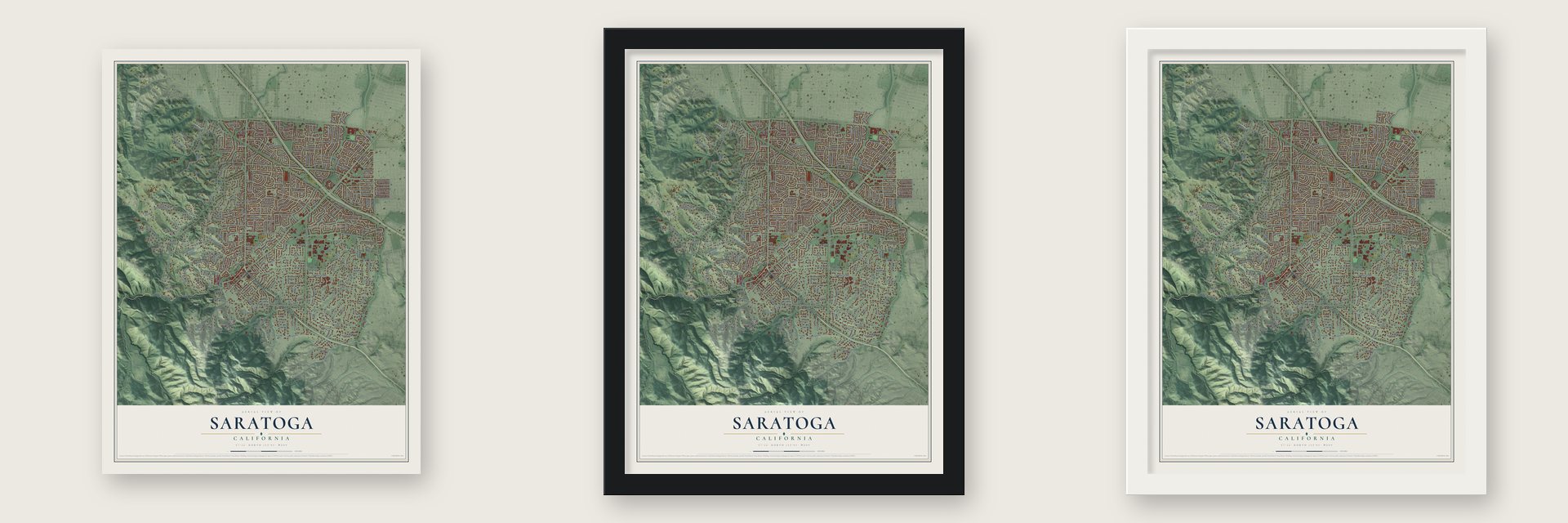 Saratoga, California map unframed, in a black wood frame and in a white wood frame