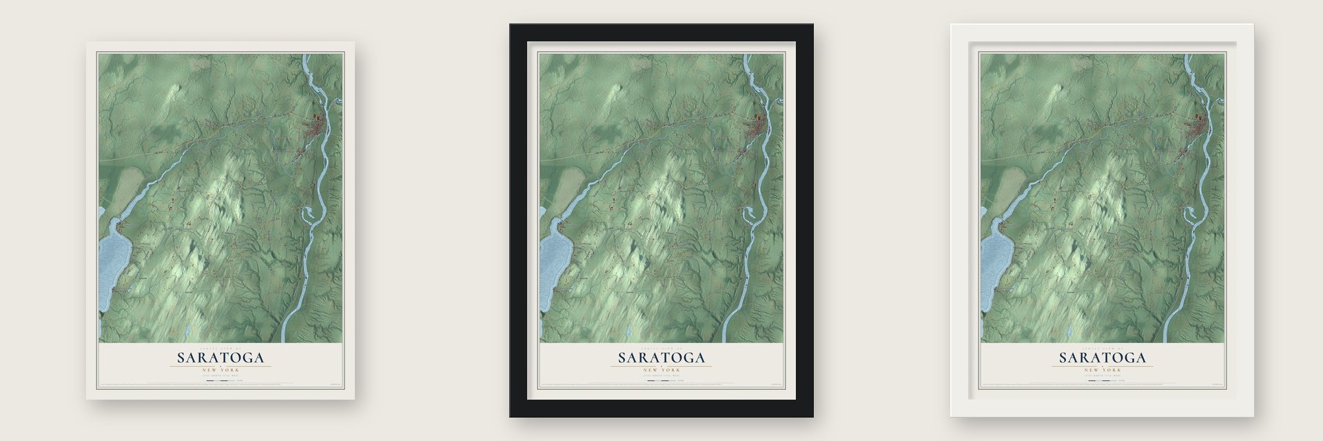 Saratoga, New York map unframed, in a black wood frame and in a white wood frame