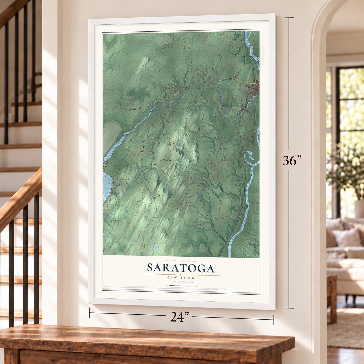 Saratoga, New York map, 24 x 36 inch print in a white frame by a staircase
