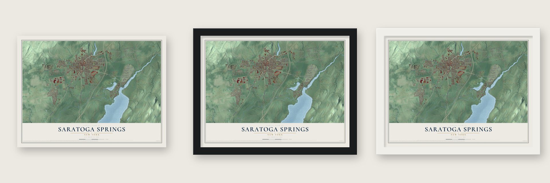Saratoga Springs, New York map unframed, in a black wood frame and in a white wood frame