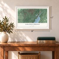 Saratoga Springs, New York map, 12 x 18 inch print in a white frame in an entryway