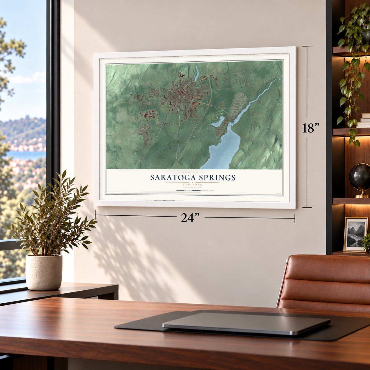 Saratoga Springs, New York map, 18 x 24 inch print in a white frame in a home office